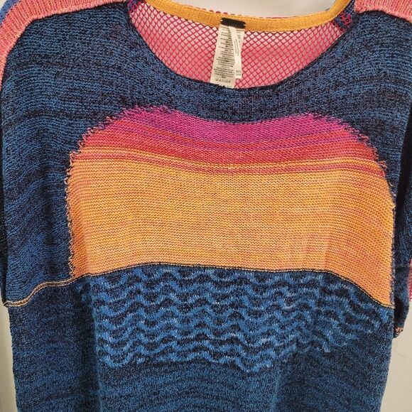FREE PEOPLE RARE Boho Sunset Knit Rainbow Fringe Trim Poncho Sweater XS - Picture 7 of 7